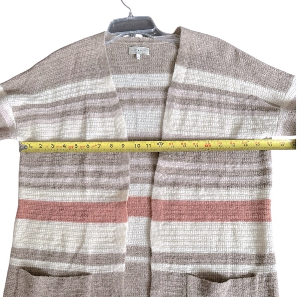 Lucky Brand Striped Open Front Cardigan Sweater Pastel Taupe Pink Wool Linen Med - Picture 10 of 16